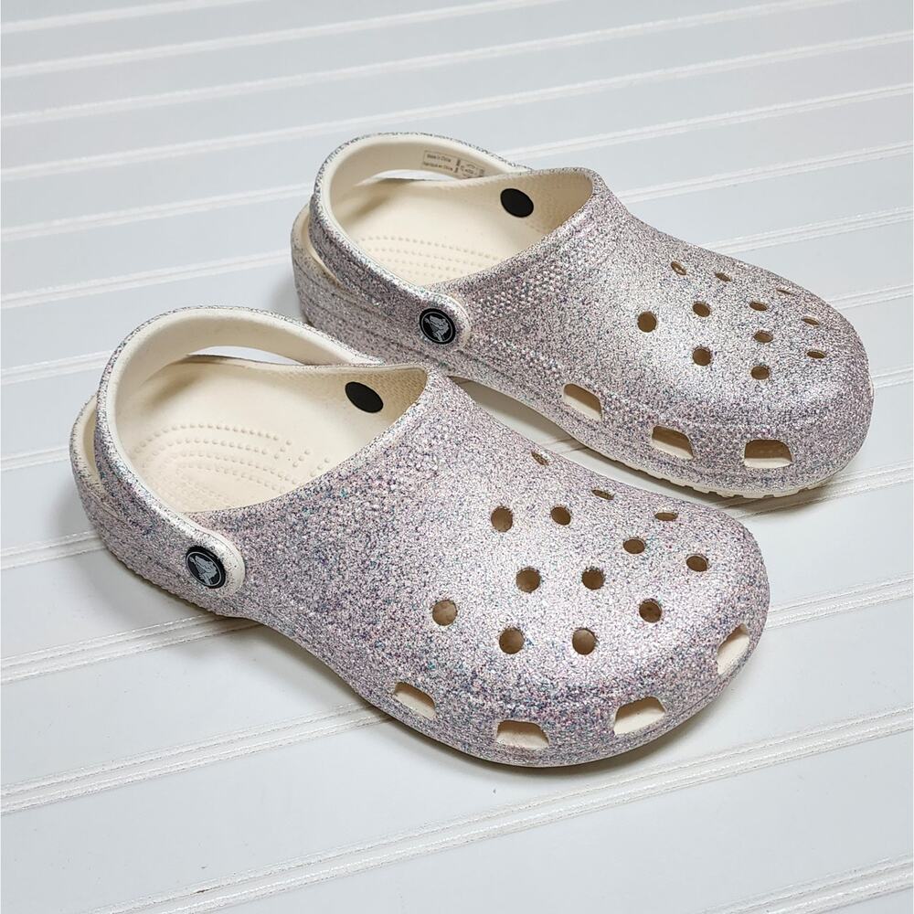Crocs Classic Kids Glitter Clogs Sandals Size 5 Big Kids White